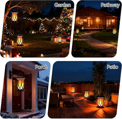 Solar Lanterns Outdoor Waterproof ,2 Pack Flickering Solar Flame Lights Upgraded Hanging Flame Lantern Pathway Torch Light Table Lamp, Auto On/ Off Porch Yard Gifts(2 Lighting Modes)
