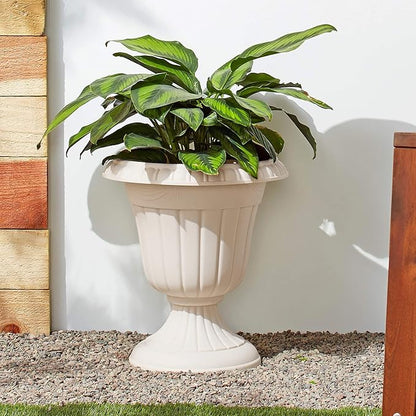 Arcadia Garden Products PL00BG Classic Traditional Plastic Urn Planter, 16” x 18”, Beige