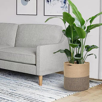 Woven Jute Plant Basket, Wicker Basket Planter for 10 inch Pot, Round Indoor Tree Pot Cover, Small Boho Planter Baskets, Decorative Basket for Plants and Home Decor, 11”X11”, Black Stripes
