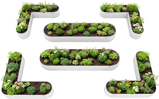 A ANLEOLIFE 6-Piece 18 Inch Tall Antique White Raised Garden Beds Kit, Heart-Shaped & Long Oval Planters for Custom Decorative Gardens.