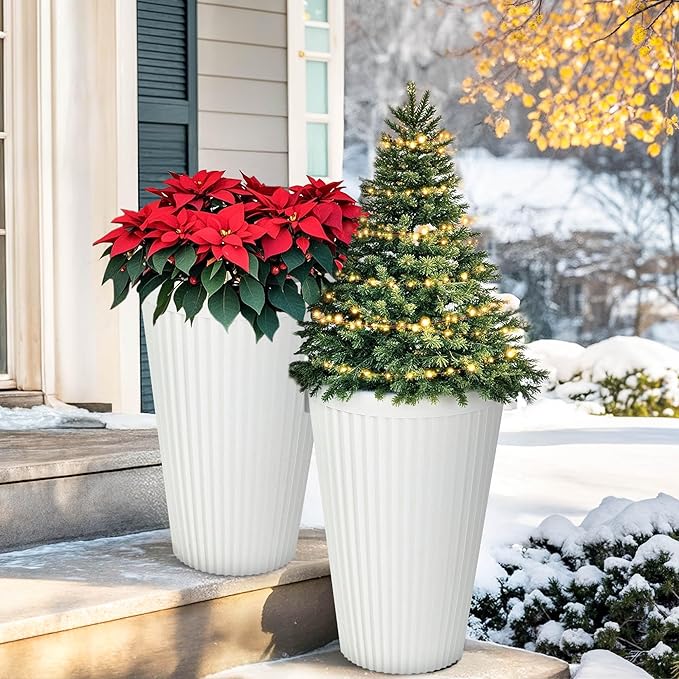 20" Tall Planters Set of 2, High-Density Resin Fluted Outdoor Pots for Plants, Versatile Indoor/Outdoor Flower Pots w/Drainage Holes for Patio, Garden, Porch & Living Room Decor, Ideal Gift