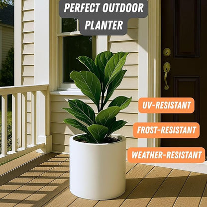 Fox & Fern Large 12 Inch Plant Pot with Hidden Saucer — Premium Lightweight Fiberstone Matte White Self Watering Planter with Seamless Saucer; Indoor & Outdoor Use; Weather Resistant & UV Resistant