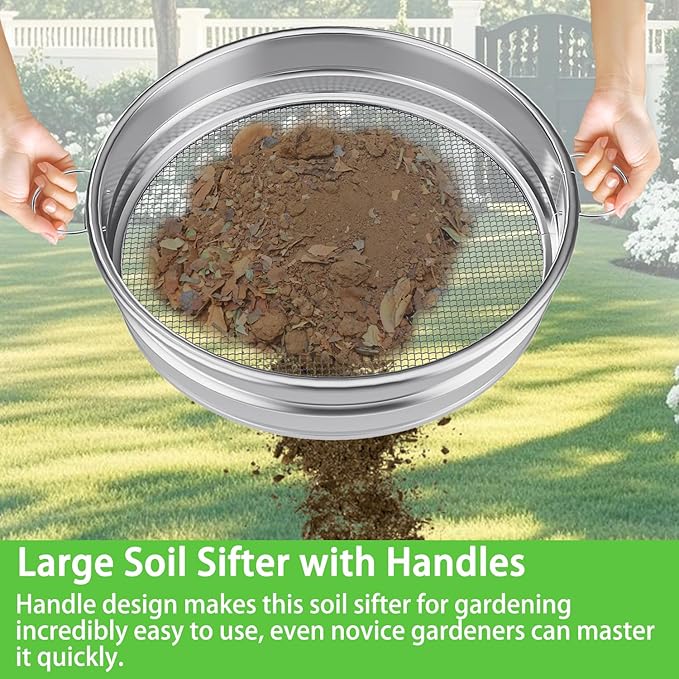 19“ Large Soil Sifter with Handle for Gardening, Dirt Sifter, Compost Sifter, Rock Sand Sifter, Wheelbarrow Sifter, Garden Soil Sieve, Metal Gravel Pellet Worm Sifter, Heavy Duty Bin Outdoor