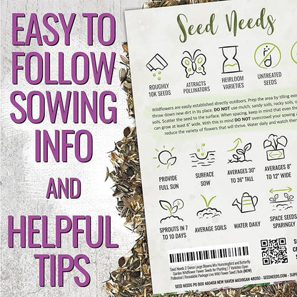 Seed Needs 2 Ounce Large Blooms Mix Hummingbird and Butterfly Garden Wildflower Flower Seeds for Planting | 7 Varieties Open Pollinated | Resealable Package Live Wild Flower Seed | Bulk