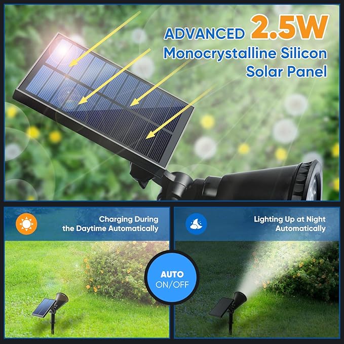 KEV 800 Lumens Solar Spot Lights Outdoor,18 LEDs Solar Flood Lights with 2 Modes &Adjustable &IPX65 Waterproof,Solar Spotlight for Driveway/Backyard/Patio Landscape/Tree/Garage(Cool White, 2 Pack)