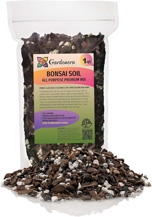 GARDENERA Premium Bonsai Soil All Purpose Fast Draining Mix - 1 Quart - Pumice, Lava, Calcined Clay and Pine Bark Potting Pre Mixed Bonsai Plant Soil Mixture - Made in USA