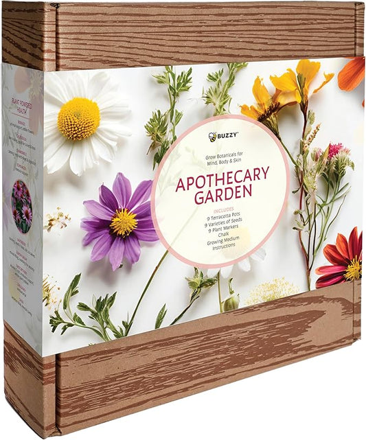 BUZZY Seeds Apothecary Garden Wellness Kit with 9 Varieties of Non-GMO Flower and Herb Seeds, Terracotta Pots, Growing Medium, and Plant Markers, a Self-Care Gift for Holistic Living
