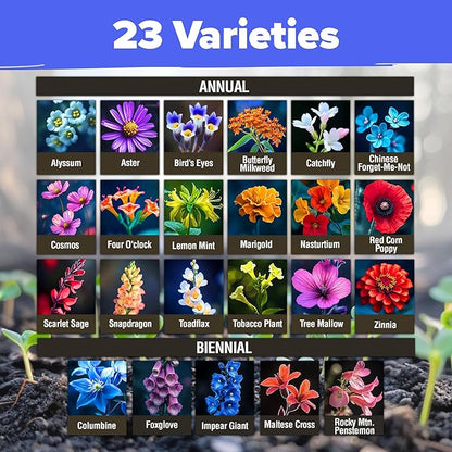 HOME GROWN Premium Wildflower Seeds Bulk - 134,000+ Non-GMO USA Native Seeds for Planting Outdoors - 23 Varieties Wild Flower Mix for Butterfly Garden, Perennial & Annual Flowers (3oz)