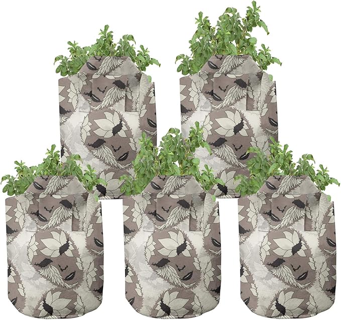 Ambesonne Camo Grow Bags 5-Pack, Pattern in Forest Colors, Heavyduty Fabric Pots with Handles for Plants, Dark Green