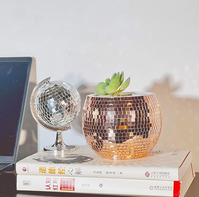 Disco Ball Planter,Disco Ball Vase,Plant Pot,Flower Pot,Mirror Plant Holder,Plastics Self Watering Disco Decor Planter for Small Plant, Party,Table,Office,Kitchen (Rose Gold, 4X5IN)