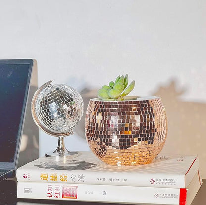 Disco Ball Planter,Disco Ball Vase,Plant Pot,Flower Pot,Mirror Plant Holder,Plastics Self Watering Disco Decor Planter for Small Plant, Party,Table,Office,Kitchen (Rose Gold, 4X5IN)