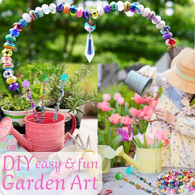 Beaded Garden Stakes Kit Fairy Garden Kit Decorative Garden Stakes with Sun Catcher Kits for Kids, Fairy Wand Kit with Fairy Beads and Suncatcher Beads, Plant Decorations for Pots
