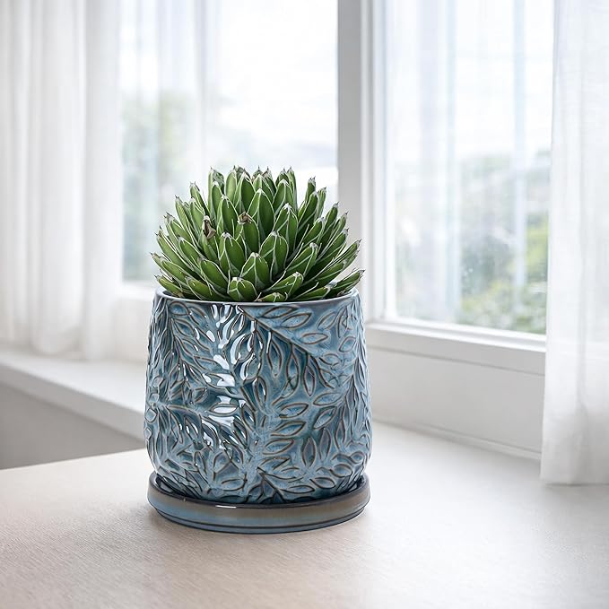 D'vine Dev 5 Inch Embossed Leaves Stoneware Planter Pot with Drainage Hole and Saucer, Ocean Teal, 27-A-V-8