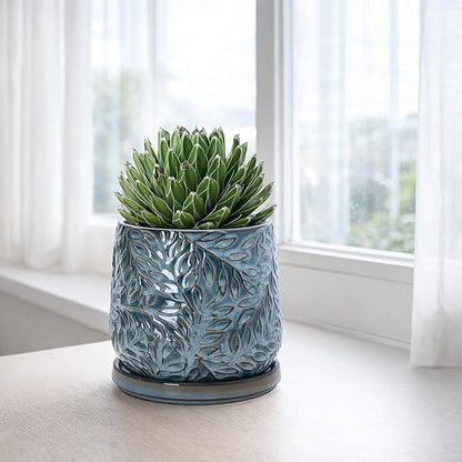 D'vine Dev 5 Inch Embossed Leaves Stoneware Planter Pot with Drainage Hole and Saucer, Ocean Teal, 27-A-V-8
