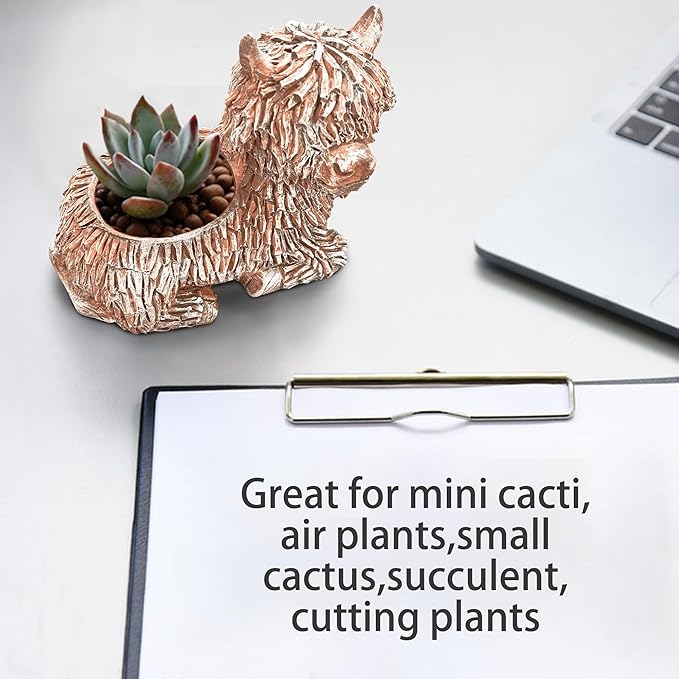 2Pcs Cute Highland Cow Planter Small Adorable Scottish Resin Flower Pot for Succulents Decorative Gift with Drainage Hole Farmhouse Home Decor for Plant Lover (Brown 5.9" L x 3.3" W)