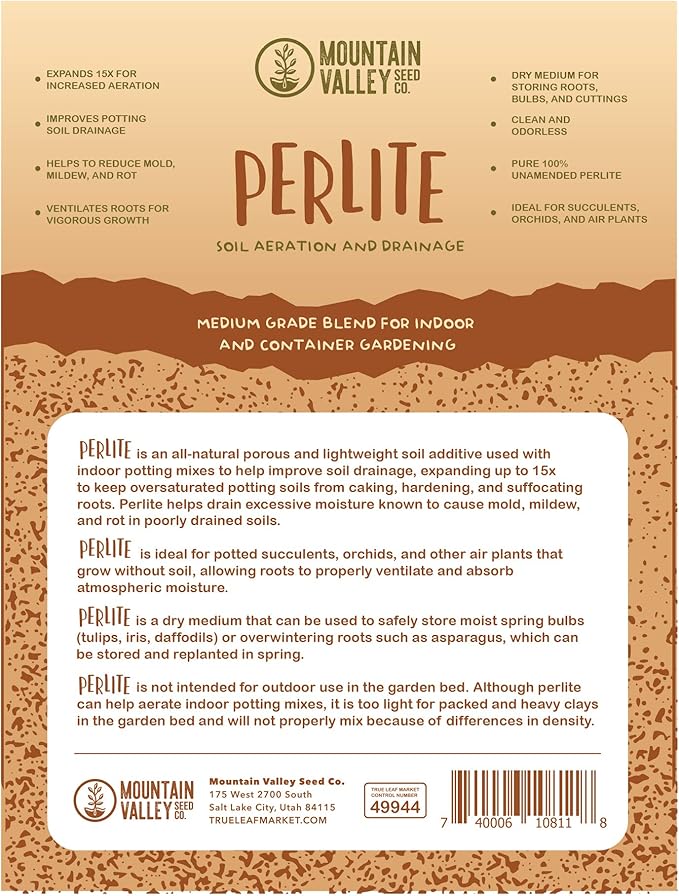 Horticultural Grade Perlite - One 8 Quart Bag ~2 Lbs - (~1/8 Inch Particles) - Soil Amendment Additive - for Growth, Aeration & Drainage for Potting Mix