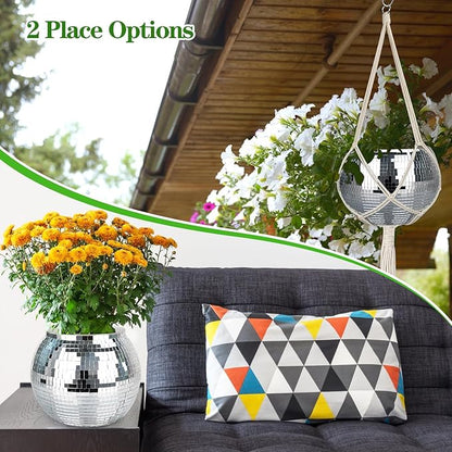 Disco Ball Planter, 1pcs 9” Silver Disco Ball Planter, Disco Ball Plant Hanger with Hanging Rope, Hanging Chain, Hook, Circle and Extra Mirror Pieces