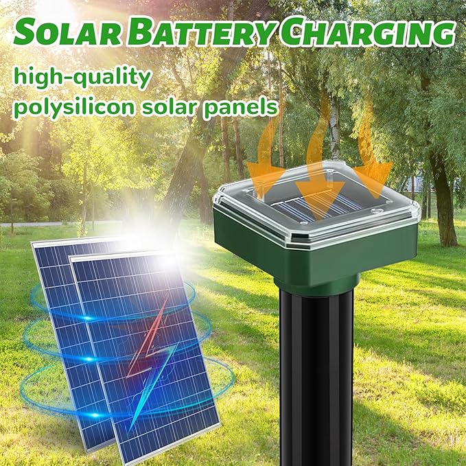 Mole Repellent Solar Powered 10 Pack,Ultrasonic Vole Repellent Outdoor, IP 44 Waterproof Animal Deterrent for Yard Garden,Effective Get Rid of Gopher Raccoon Squirrel Groundhog Chipmunk