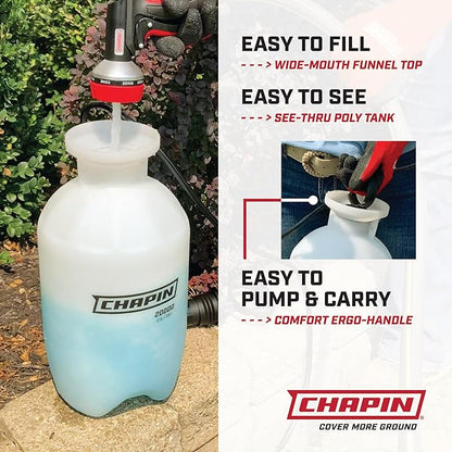 Chapin 20024 Pump Sprayer, 2‑Gallon, Lawn & Garden, Translucent Poly Tank, Funnel‑Top, SureSpray Anti‑Clog Filter, Adjustable Cone Nozzle & 34" Hose for Fertilizer, Weed & Pest Application, Pack of 2