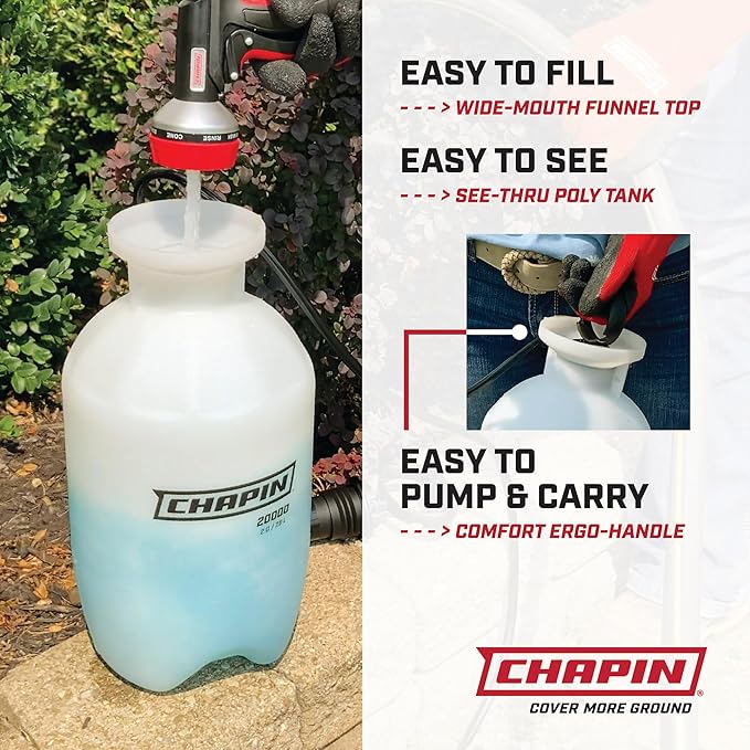 Chapin 20005 Pump Sprayer, 2‑Gallon, Lawn & Garden, Translucent Poly Tank, Funnel‑Top, SureSpray Anti‑Clog Filter, Adjustable Cone Nozzle & 34" Hose for Fertilizer, Weed & Pest Application