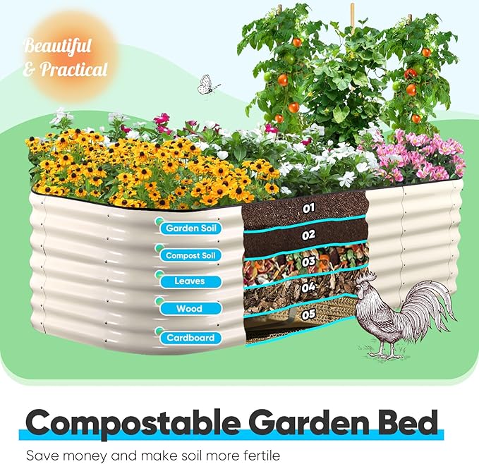 Quictent Galvanized Raised Garden Bed Kit, 6x3x2 ft Oval Metal Planter Box Tall for Vegetables Outdoor Backyard, Strengthened by Crossbar, Beige