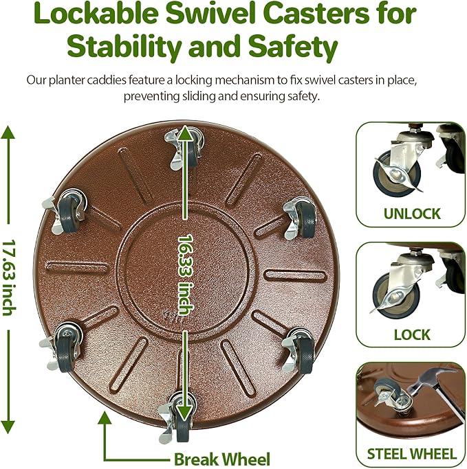 Plant Saucer 17" Rolling Plant Caddy Rolling Plant Stand with Wheels – Heavy Duty Metal, Locking, Sturdy, Rust-Resistant Finish, and Easy to Move, 440 lb Capacity