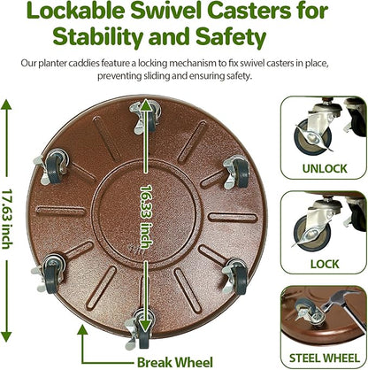 Plant Saucer 17" Rolling Plant Caddy Rolling Plant Stand with Wheels – Heavy Duty Metal, Locking, Sturdy, Rust-Resistant Finish, and Easy to Move, 440 lb Capacity