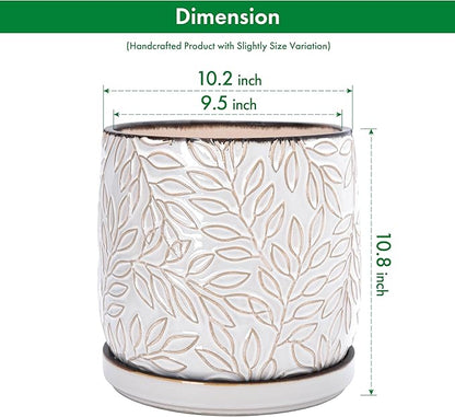 D'vine Dev 10 Inch Embossed Leaves Stoneware Planter Pot with Drainage Hole and Saucer, Smoked White, 27-A-P-1
