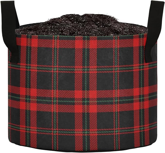 3 Gallon Black Red Tartan Plaid Scottish Pattern Breathable Grow Bag Heavy Duty Thickened Plant Pot Containers Bag with Handles for Potato Tomato Flowers Fruits Vegetables