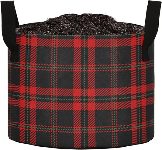 10 Gallon Black Red Tartan Plaid Scottish Pattern Breathable Grow Bag Heavy Duty Thickened Plant Pot Containers Bag with Handles for Potato Tomato Flowers Fruits Vegetables