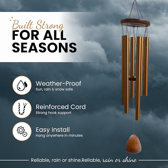 Memorial Wind Chimes for Outside Clearence - Teardrop Pendant, Deep Toned Aluminum Tubes & Pine Wood, Sympathy Gift for Loss, Letter from Heaven & Keepsake Keychain, Garden Porch Decor - Gold