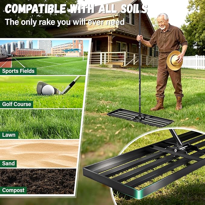 Lawn Leveling Rake 36X12 inch,78" Long Handle Level Rake ,Heavy Duty Yard Leveling Rakes Suit for Garden,Golf Lawn and Farm,Effort Saving Tool for Soil Grass Golf Field