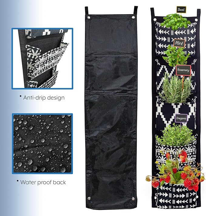 Boho Fabric Hanging Planter (3 Sets of 5 Pockets); Vertical Hanging Herb/Flower Planter