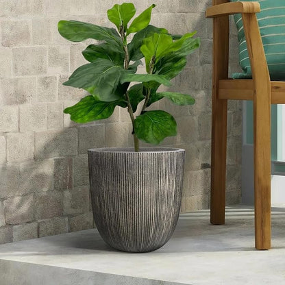 Vintage Black Cement-Look Ribbed Planter, 12.4"H Tall Tapered Egg-Shaped Plastic Plant Pot with Drainage Hole & Plug, Large Modern Indoor Outdoor Flower Pot for Home, Garden, Patio and Houseplants