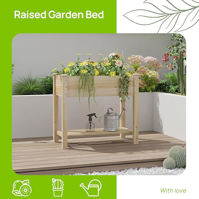 Raised Garden Bed with Legs, Wooden Raised Garden Bed with Storage Shelf, 34x18x30.7in, Elevated Wood Planter Box for Vegetables Flowers Herbs, Garden Planter for Backyard Patio Balcony (Natural, S)