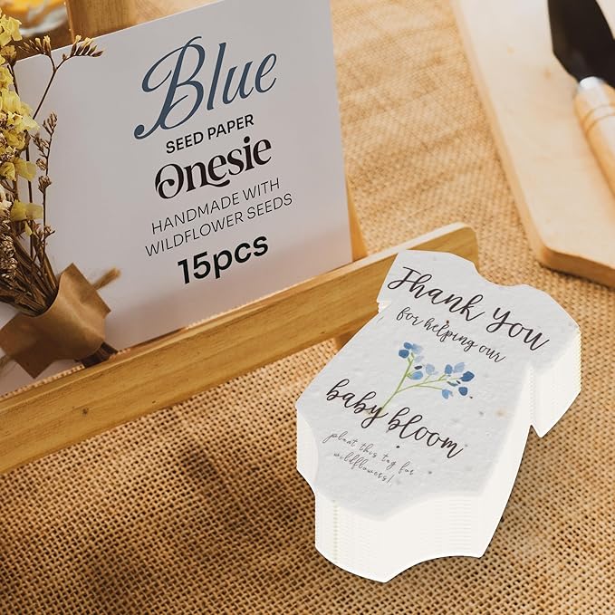 Onesie Seed Paper – 15 Blue Shower Favors for Guests with Wildflower Seeds, Writable & Plantable, Shower Favor Gifts for Guest