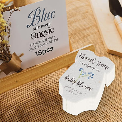 Onesie Seed Paper – 15 Blue Shower Favors for Guests with Wildflower Seeds, Writable & Plantable, Shower Favor Gifts for Guest