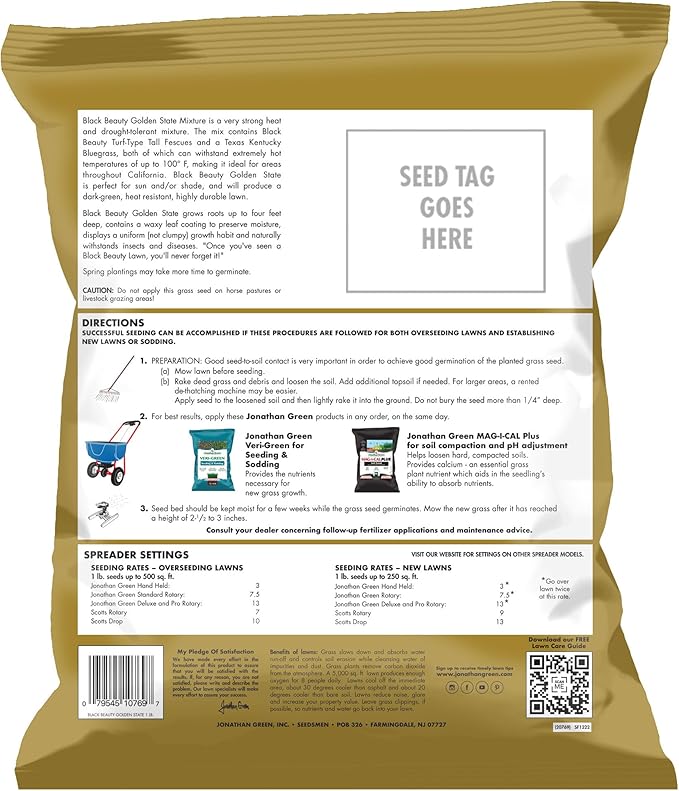 Jonathan Green (10769) Black Beauty Golden State California Grass Seed (Made for California) - Cool Season Lawn Seed (1 lb)