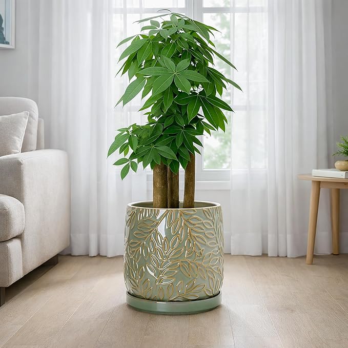 D'vine Dev 10 Inch Embossed Leaves Stoneware Planter Pot with Drainage Hole and Saucer, Olive, 27-A-P-0
