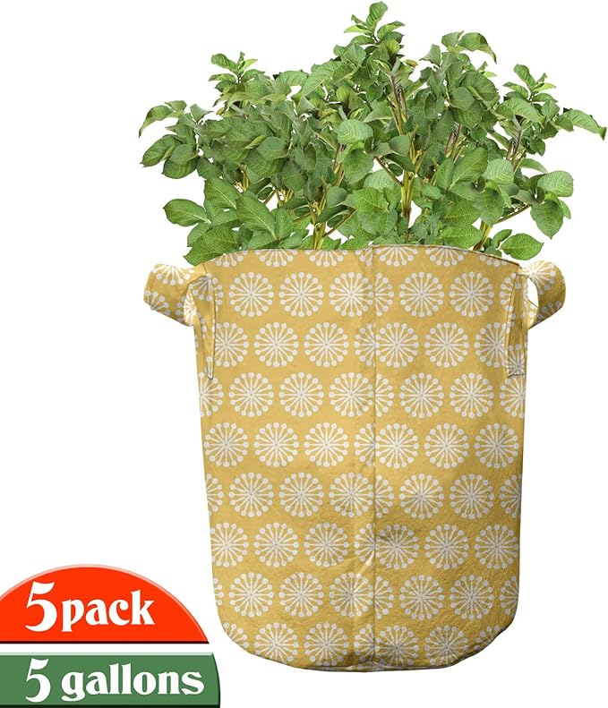 Ambesonne Purple Grow Bags 5-Pack, Checked Tartan Plaid Layout, Heavyduty Fabric Pots with Handles for Plants, Purple Pink
