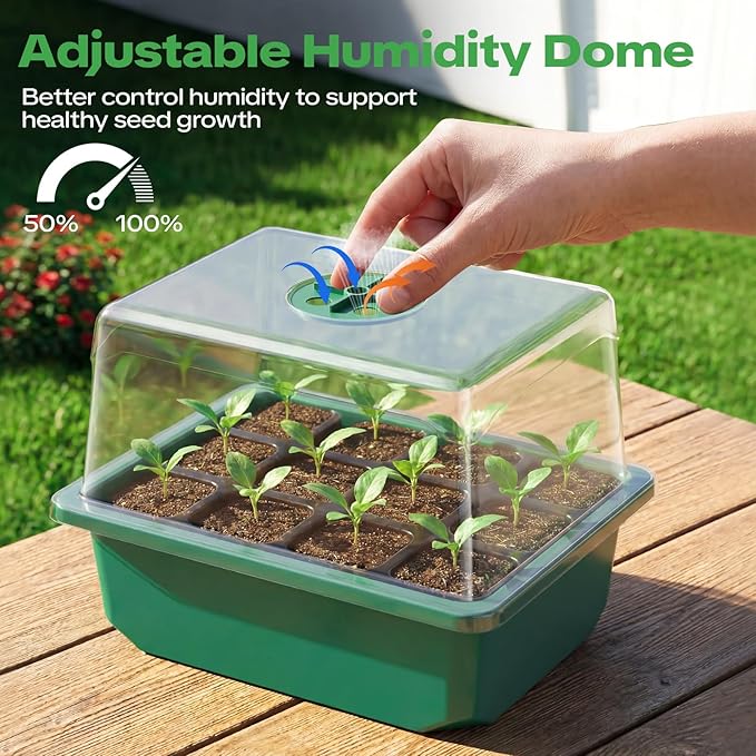 YAUNGEL 4 Pack Seed Starter Tray with Self-Heating, Seed Starter Kit with High Humidity Control Domes, Seedling Starter Trays for Indoor Gardening Plant, Green
