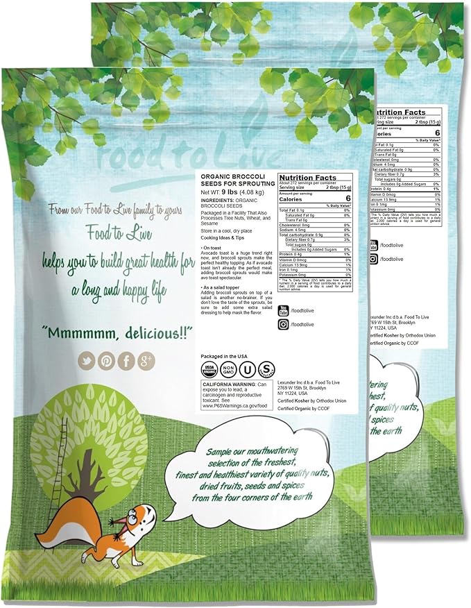 Food to Live Organic Broccoli Seeds for Sprouting, 18 Pounds – Non-GMO, Vegan, Kosher, Sirtfood, Bulk. Rich in Sulforaphane, Vitamin C. Grow Sprouts, Microgreens for Salads, and Sandwiches