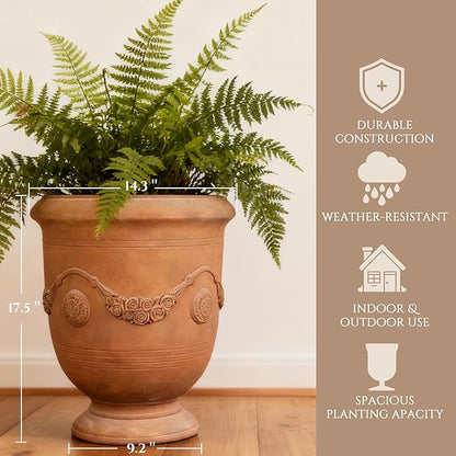 Planters for Indoor & Outdoor Plants, 16.5 Inch Large Magnesium Oxide Urn Planter with Drainage Hole, Decorative Unique Garden Plant Pots for Front Porch & Home Decor, Rust Color