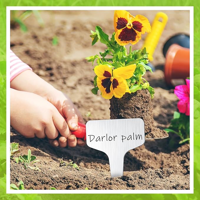 Hicarer 24 Pcs Metal Plant Labels Weatherproof Garden Markers 4" x 8" Engraving Stainless Steel 304 T-Type Plant Tags Reusable Nursery Tags for Outdoor Garden Greenhouse Vegetables Herb Flower Seed