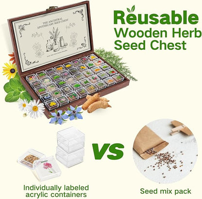Lush&Dew Ancestral Apothecary Medicinal Tea Herb Seed Chest, 36,000+ Non-GMO Survival Seed Kit, Gardening Gifts for Women Men, 40 Types Heirloom Garden Seeds for Planting Herbs, Raised Bed Windowsill