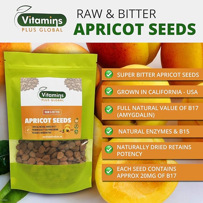 Bitter Apricot Seeds/Kernels, Natural Source of Vitamin B17, Large and Raw, Vegan, Non GMO California Grown, In a Recyclable Stay Fresh Resealable Pouch 1lb