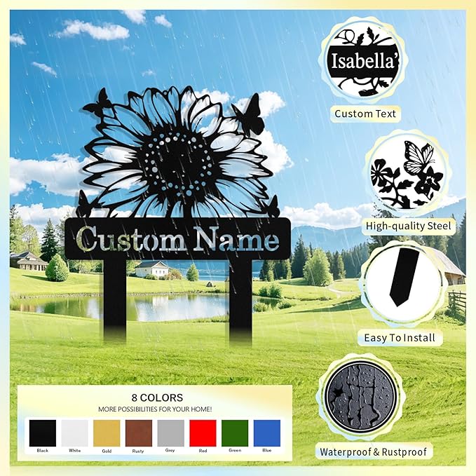Custom Sunflower Metal Garden Sign with Stake, Personalized Garden Signs for Outside, Customized Garden Name Signs for Yard Lawn Outdoor Decor Gardening Gifts for Moms Grandmas Gardeners