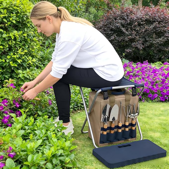 Garden Folding Gardener Stool with Gardening Tools Insulation Garden Bags Plus 5 Garden Tools and Gardening Kneeler Ideal Gift for Mother's Day/Father's Day (Navy Blue)