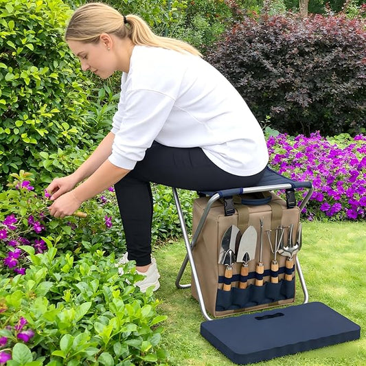 Garden Folding Gardener Stool with Gardening Tools Insulation Garden Bags Plus 5 Garden Tools and Gardening Kneeler Ideal Gift for Mother's Day/Father's Day (Navy Blue)