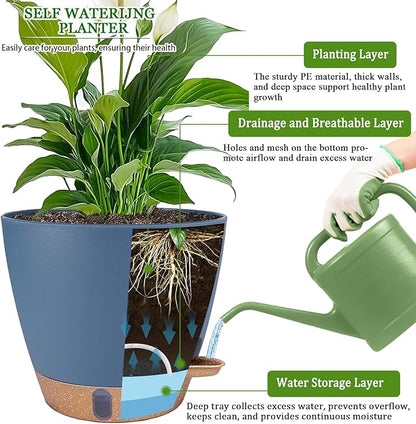 2 Pack 8 inch Plant Pots, Plastic Self Watering Planters with Drainage Holes, Deep Reservoir, Water Level Indicator, Modern Decorative Flower Pots for Indoor Outdoor Plants (Navy Blue, 8 inch)